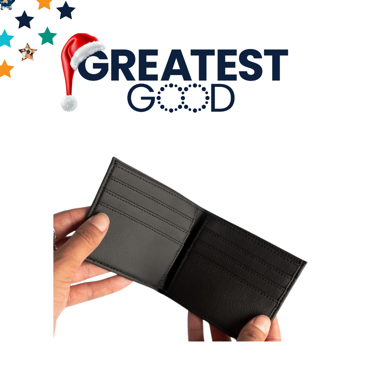 Greatest Good Australian Gifts for Him A close-up of hands holding a minimalist black leather wallet, with the Greatest Good logo featuring a Santa hat in the background.