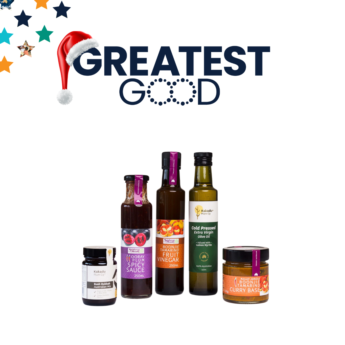 Greatest GOod Australian Gifts for Him Kakdu Plum co. A selection of gourmet food products, including bottles of oil, sauces, and condiments, with branding such as Kakadu Plum Co. and Qooriay. The Greatest Good logo featuring a Santa hat is displayed above