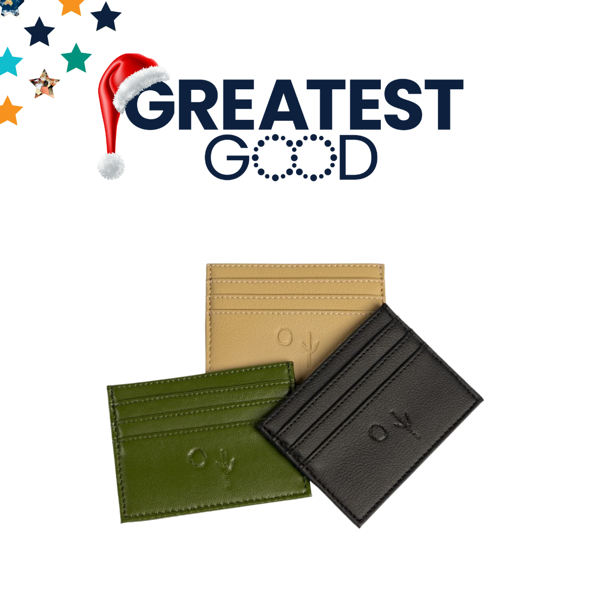 Greatest Good Australian Gift Guide Texcoco Collective Three minimalist leather card holders in black, green, and tan, displayed against a white background. The Greatest Good logo with a Santa hat appears above.