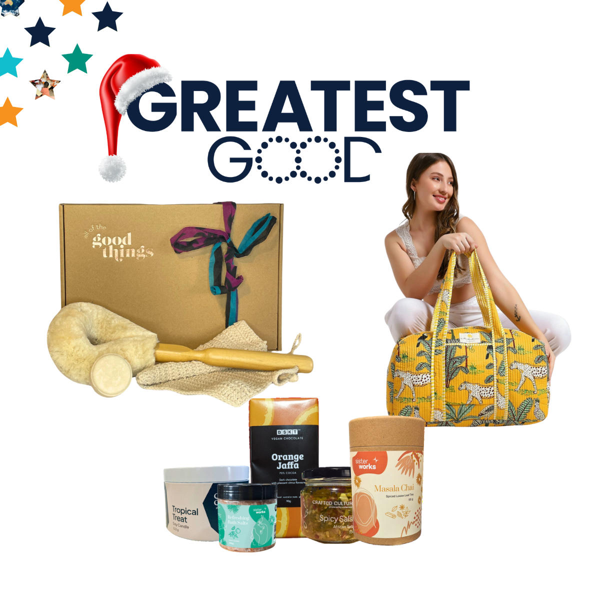 Affordable Gifts Under $100 That Make a Difference A collage under the Greatest Good logo with a Santa hat. Gifts include a bath gift set with a loofah and soap, a vibrant yellow tote bag with a cheetah print, and food items like tropical treats, spicy salt, vegan chocolate, and Masala Chai. A smiling woman is holding the tote bag on the right