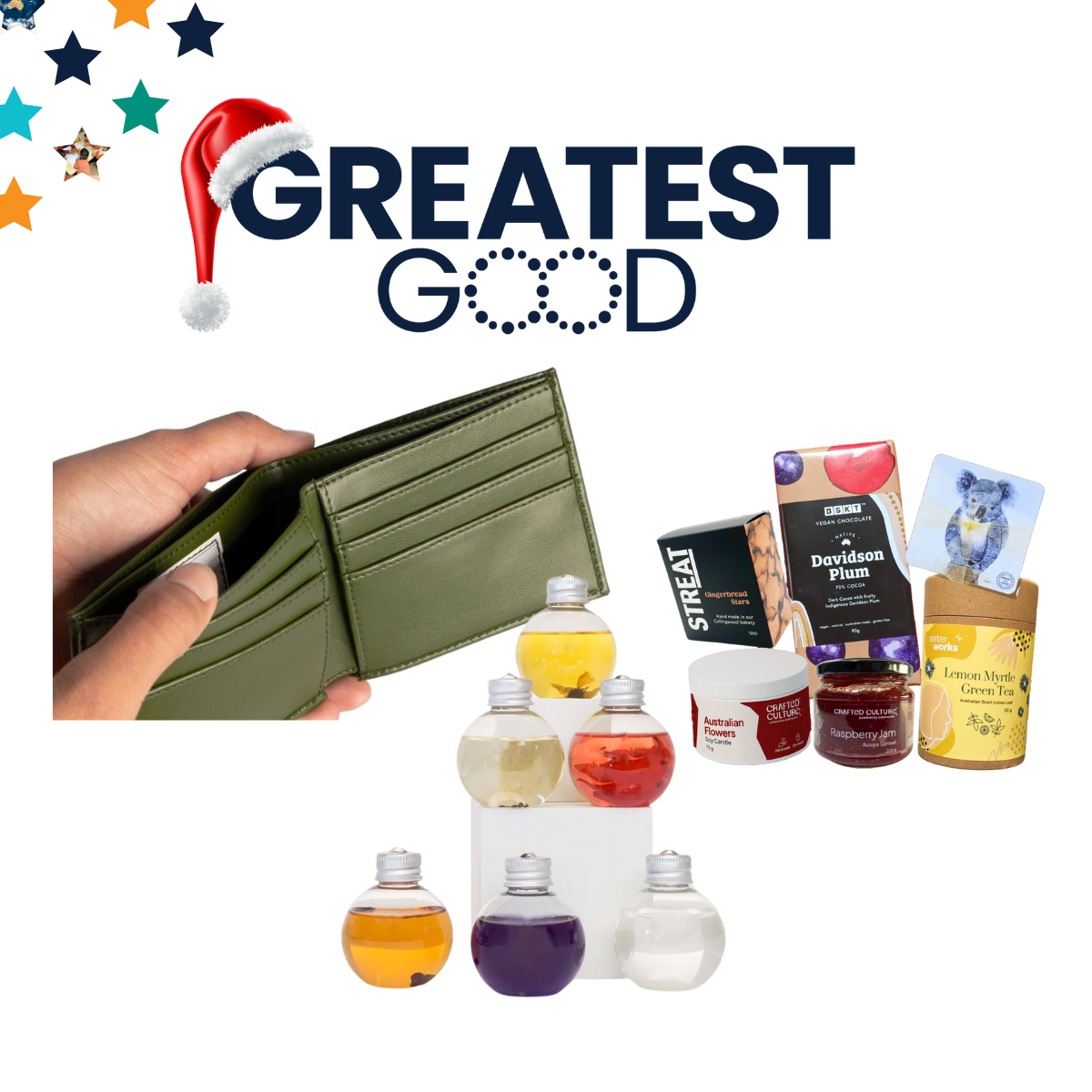 Affordable Gifts Under $100 That Make a Difference A selection of gifts under the Greatest Good logo with a Santa hat. Items include a green wallet being held open, a pyramid of colourful glass jar candles, and food items such as Davidson Plum chocolate, raspberry jam, and lemon myrtle green tea