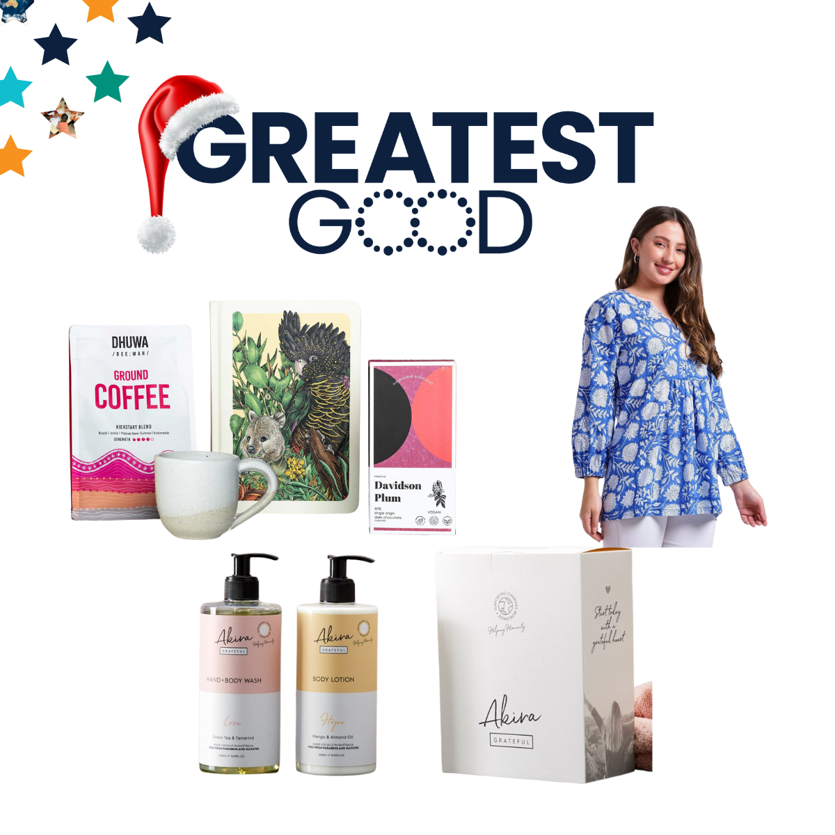 Affordable Gifts Under $100 That Make a Difference A collection of gift ideas under the Greatest Good logo with a Santa hat. Items include ground coffee, a ceramic mug, a wildlife-illustrated notebook, Davidson Plum chocolate, body wash, body lotion, and a blue floral blouse worn by a smiling woman on the right