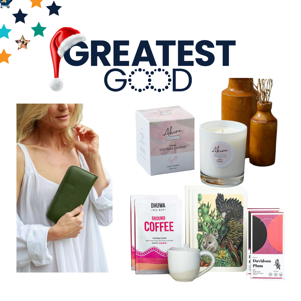 Affordable Gifts Under $100 That Make a Difference A collage featuring the Greatest Good logo with a Santa hat and a selection of gifts, including a green wallet, a scented candle, decorative vases, coffee, a mug, an illustrated notebook, and Davidson Plum chocolate. A blonde woman is holding the green wallet in the bottom left