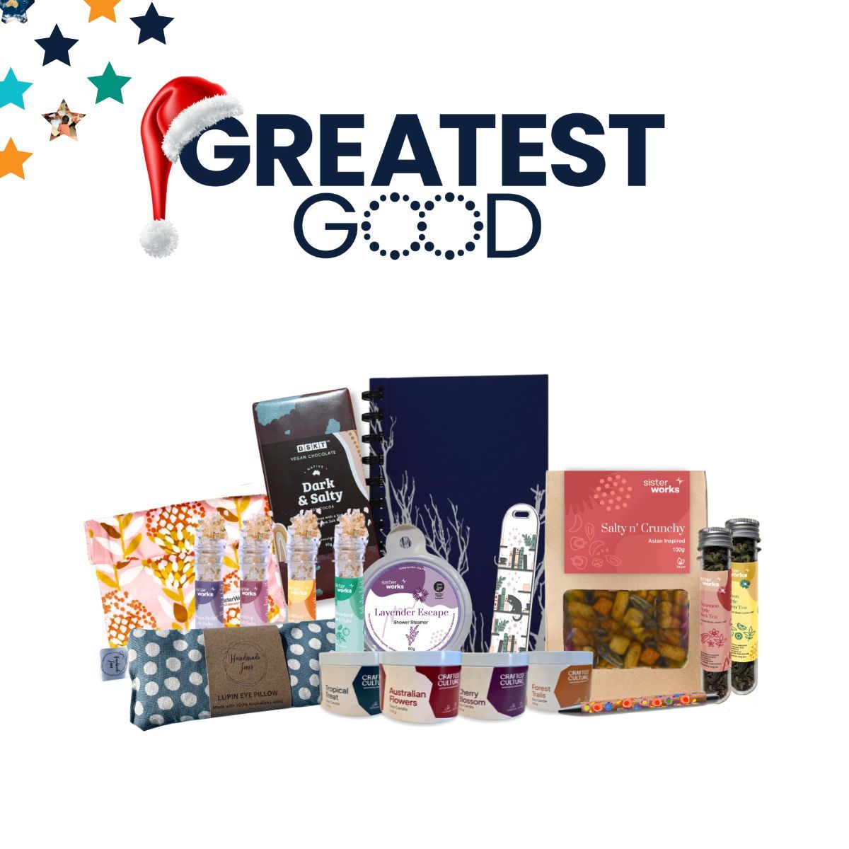 The Greatest Good logo with a Santa hat above a curated selection of products, including vegan chocolate, an eye pillow, herbal teas, bath salts, a navy notebook, snack items, and a lavender escape balm. The items are thoughtfully arranged to highlight variety and sustainability