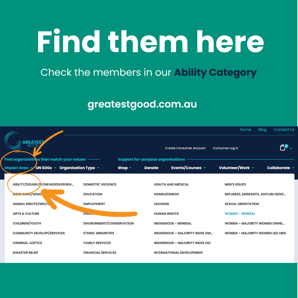 Greatest Good supporting disablity organisations find them here A teal-green background with bold white text,