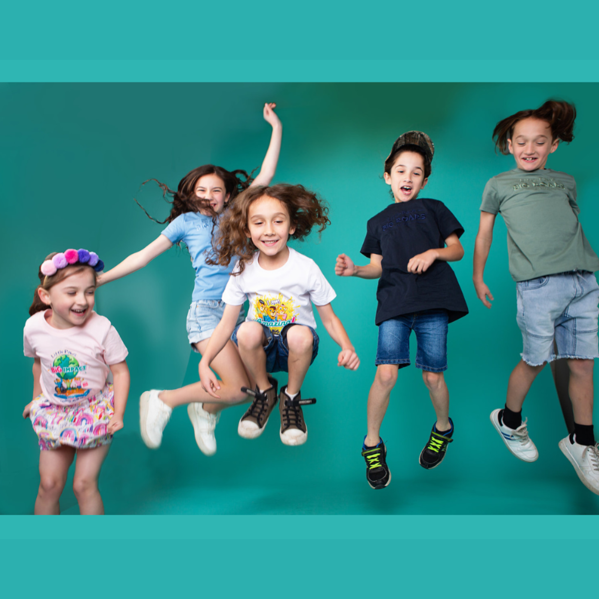 Little Paws Big Roars: Empowering Families Through Play Five children jumping in mid-air on a teal background, wearing colourful clothing and smiling. Each child expresses joy and energy, showcasing a fun and inclusive vibe