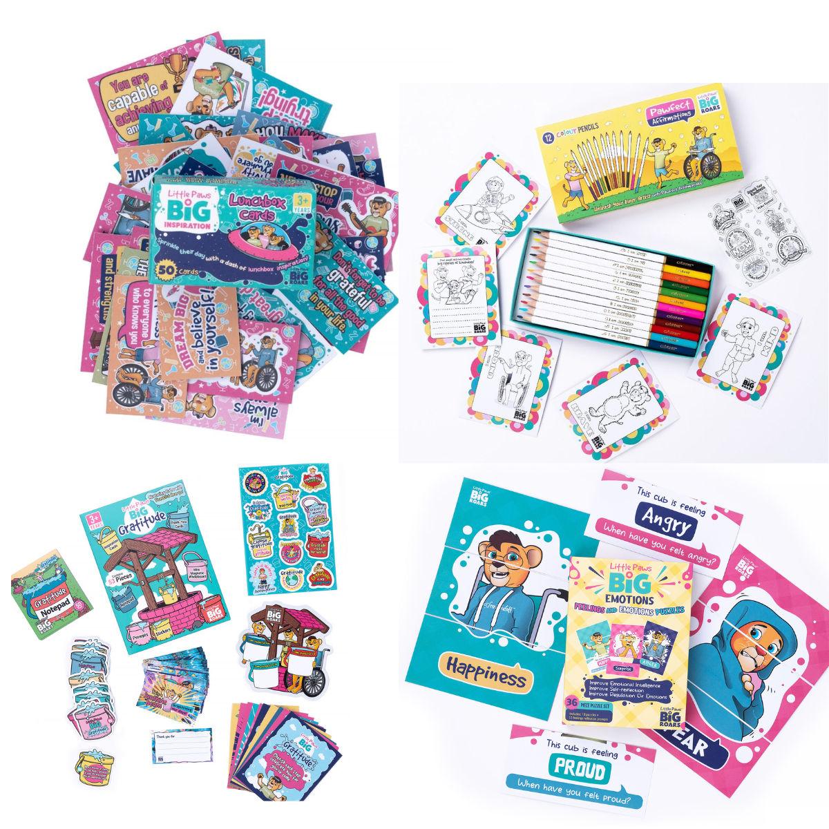 Little Paws Big Roars: Empowering Families Through Play A variety of educational and inspirational resources from Little Paws Big Roars, including colourful cards, colouring pencils, stickers, and activity books designed to encourage emotional growth and creativity in children