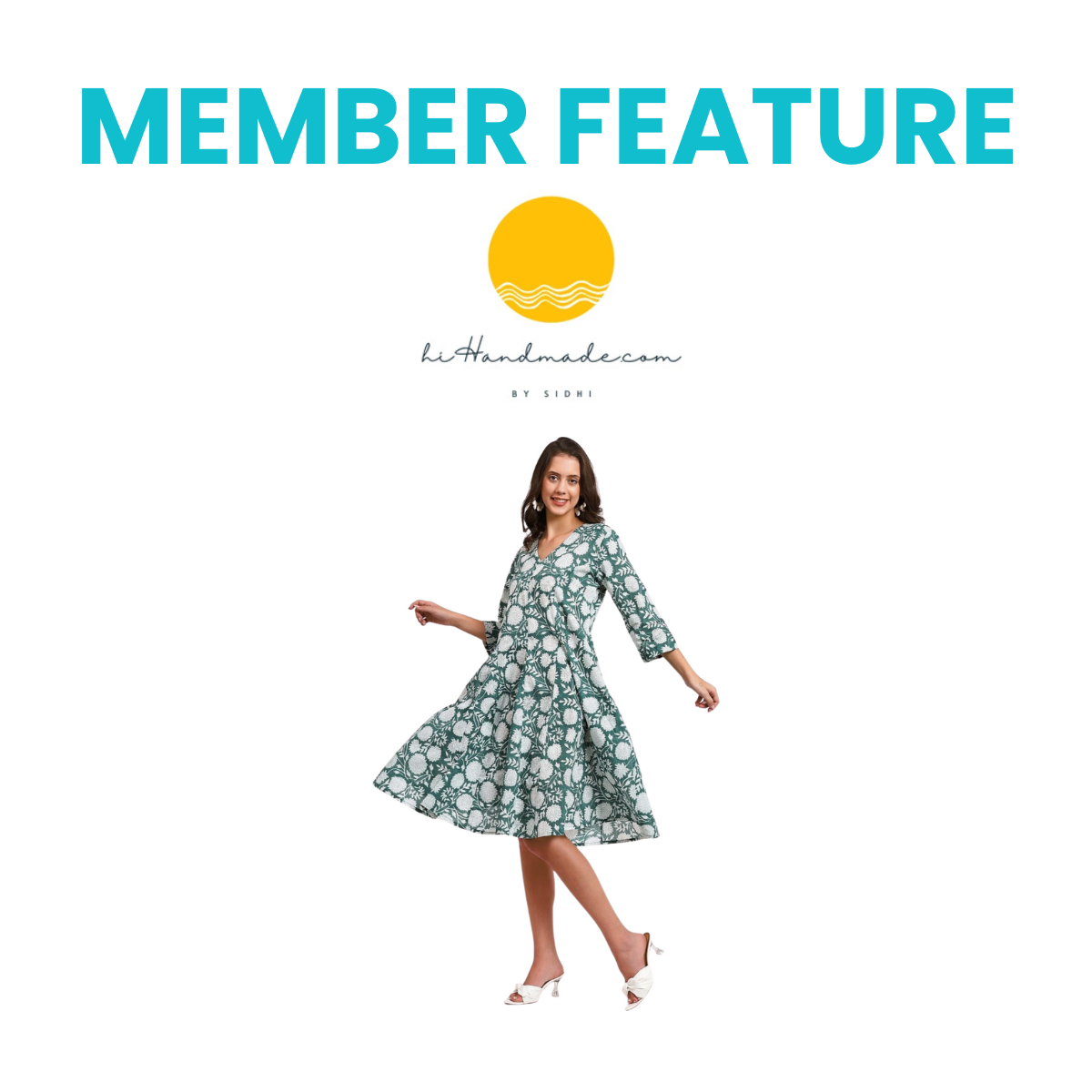Greatest Good Member Feature hiHandmade title A clean white background with teal text reading