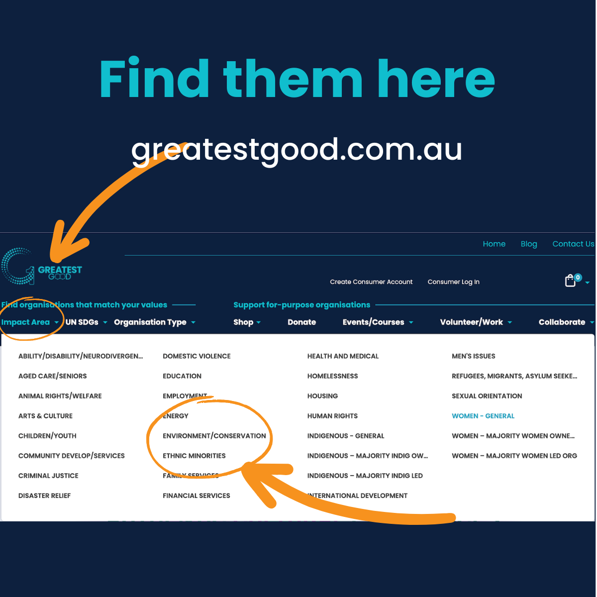 Greatest Good member feature hIHandmade find them here Find Them Here - Greatest Good Website: A navy-blue background with the text