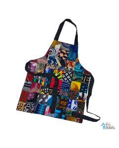 Brightly coloured patchwork Kids apron made with african cotton material on white
